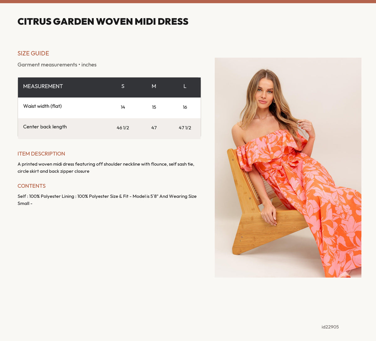 CITRUS GARDEN WOVEN MIDI DRESS size chart