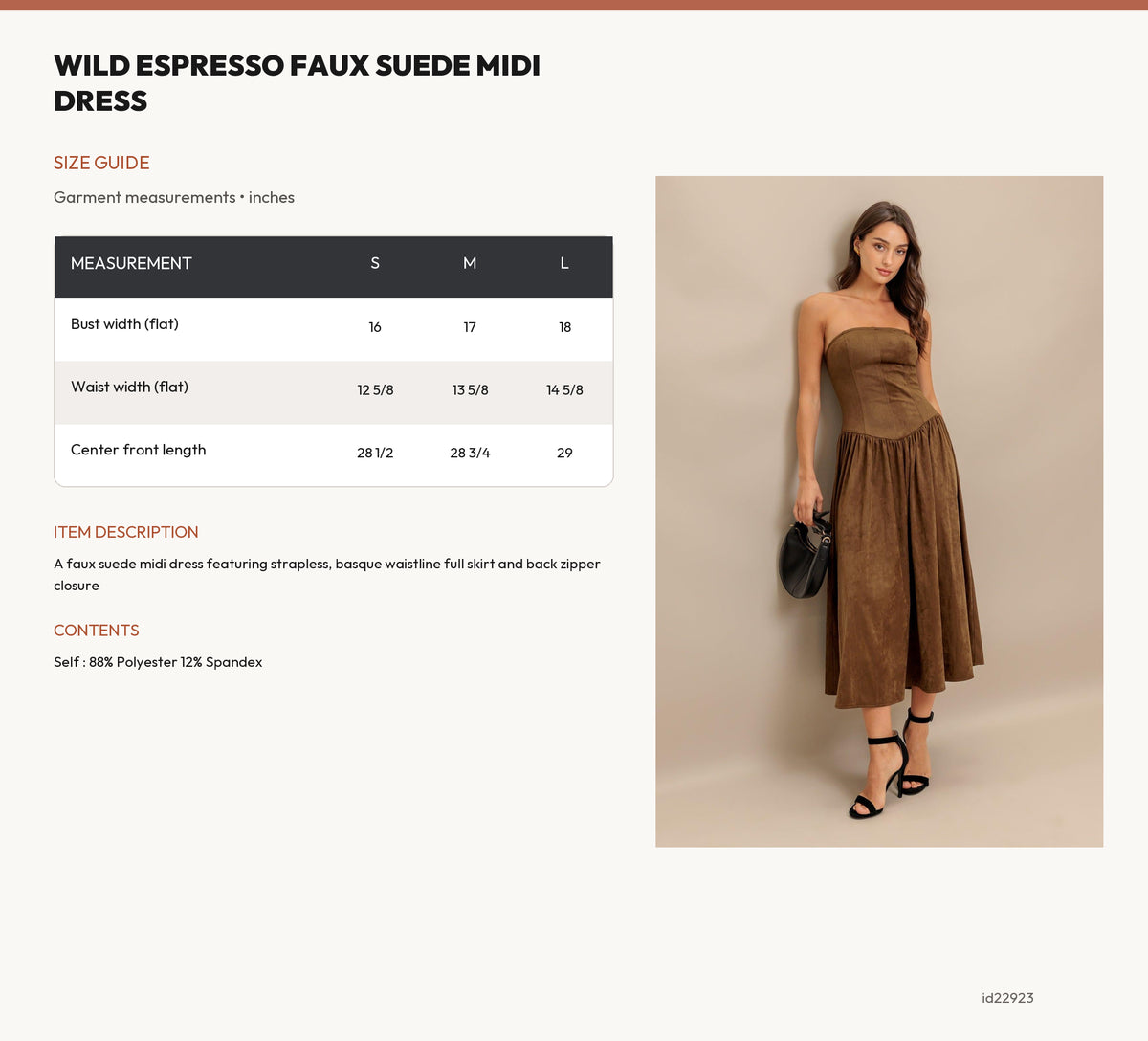 WILD ESPRESSO FAUX SUEDE MIDI DRESS size chart