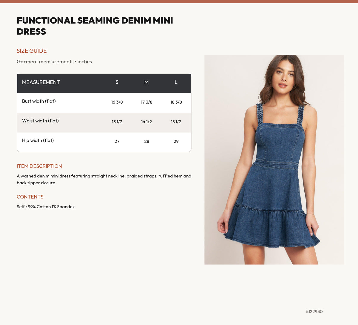 FUNCTIONAL SEAMING DENIM MINI DRESS size chart