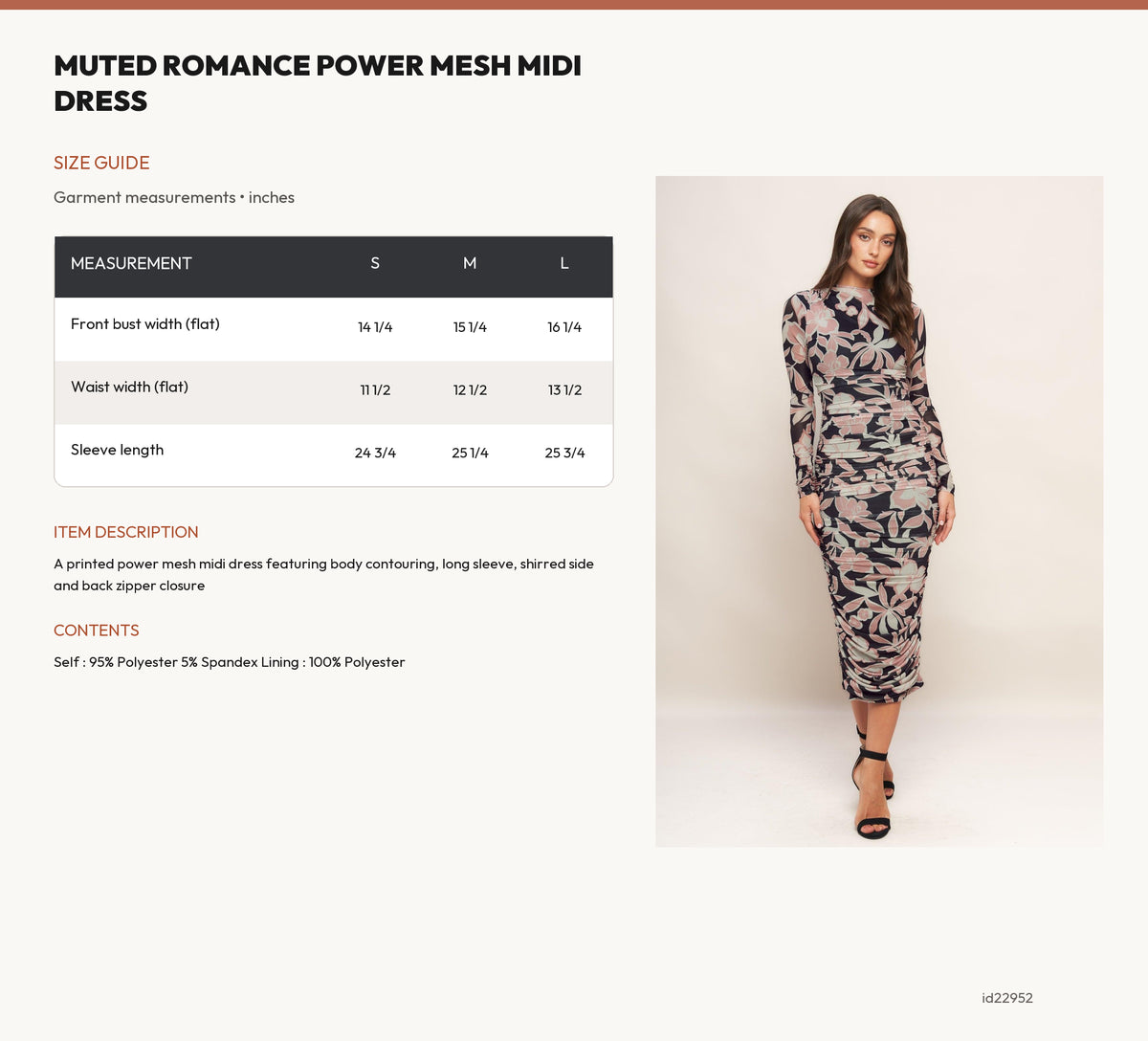 MUTED ROMANCE POWER MESH MIDI DRESS size chart