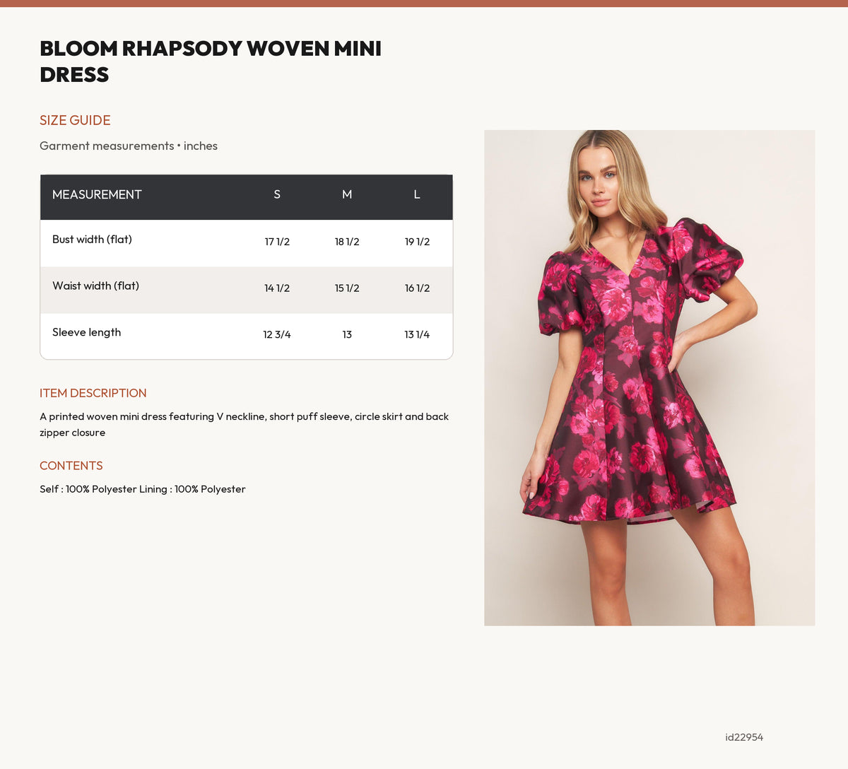 BLOOM RHAPSODY WOVEN MINI DRESS size chart