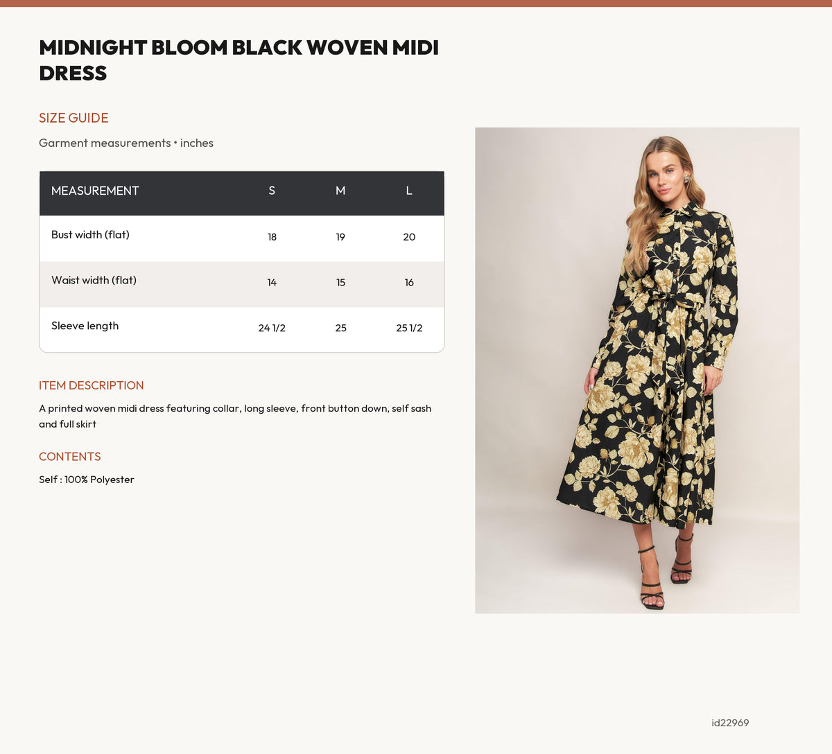 MIDNIGHT BLOOM BLACK WOVEN MIDI DRESS size chart