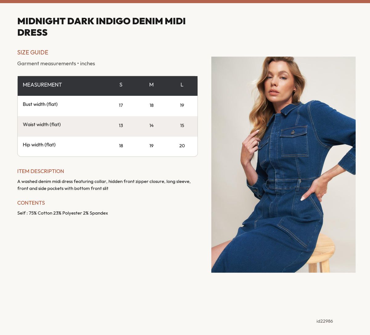 MIDNIGHT DARK INDIGO DENIM MIDI DRESS size chart