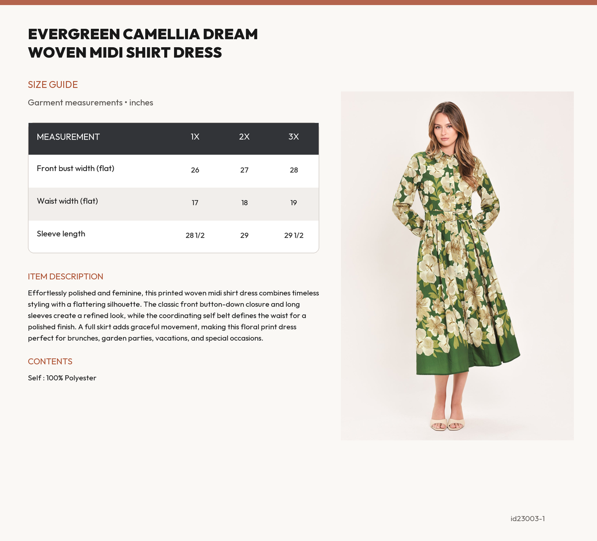 EVERGREEN CAMELLIA DREAM WOVEN MIDI SHIRT DRESS size chart