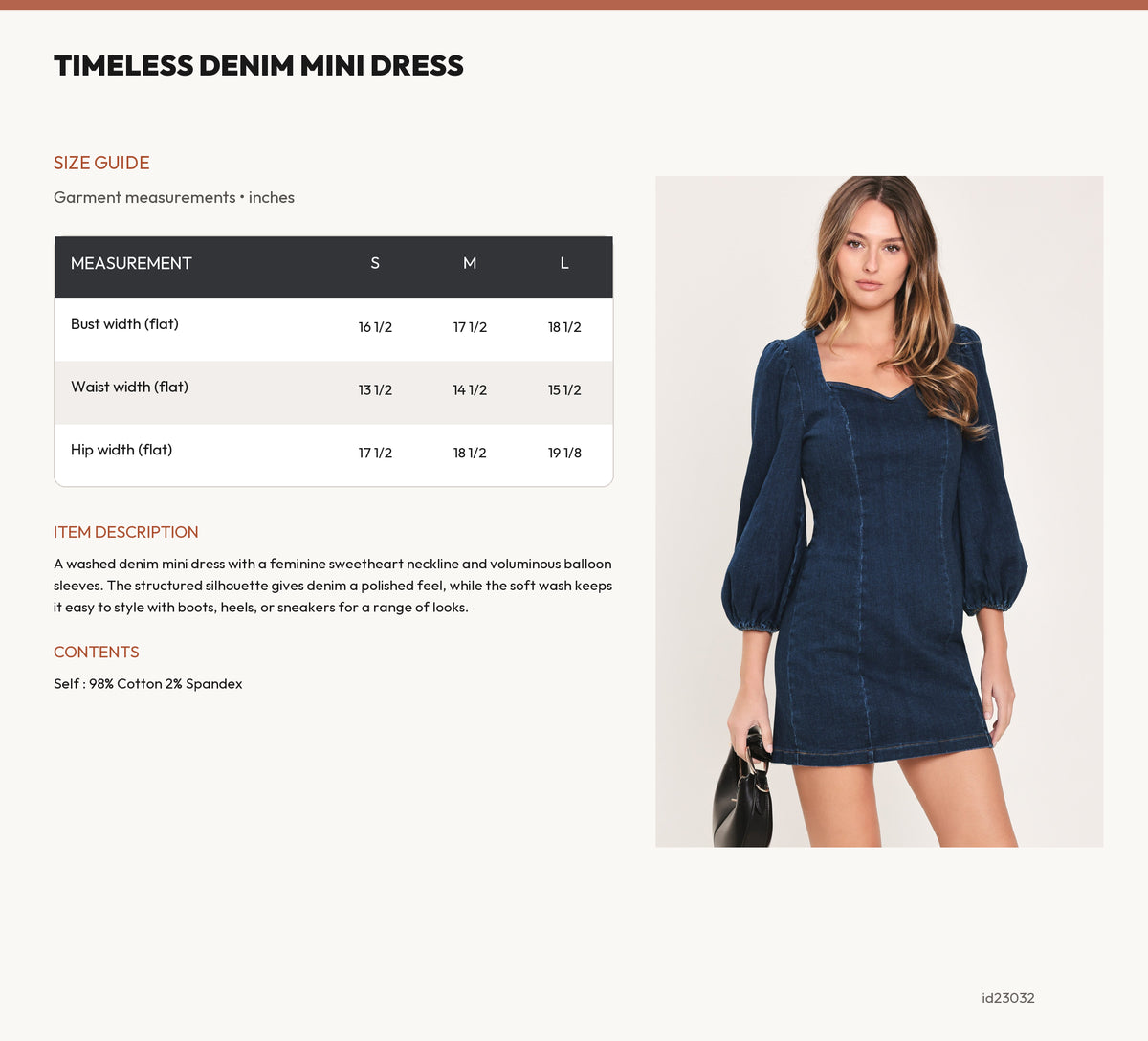 TIMELESS DENIM MINI DRESS size chart