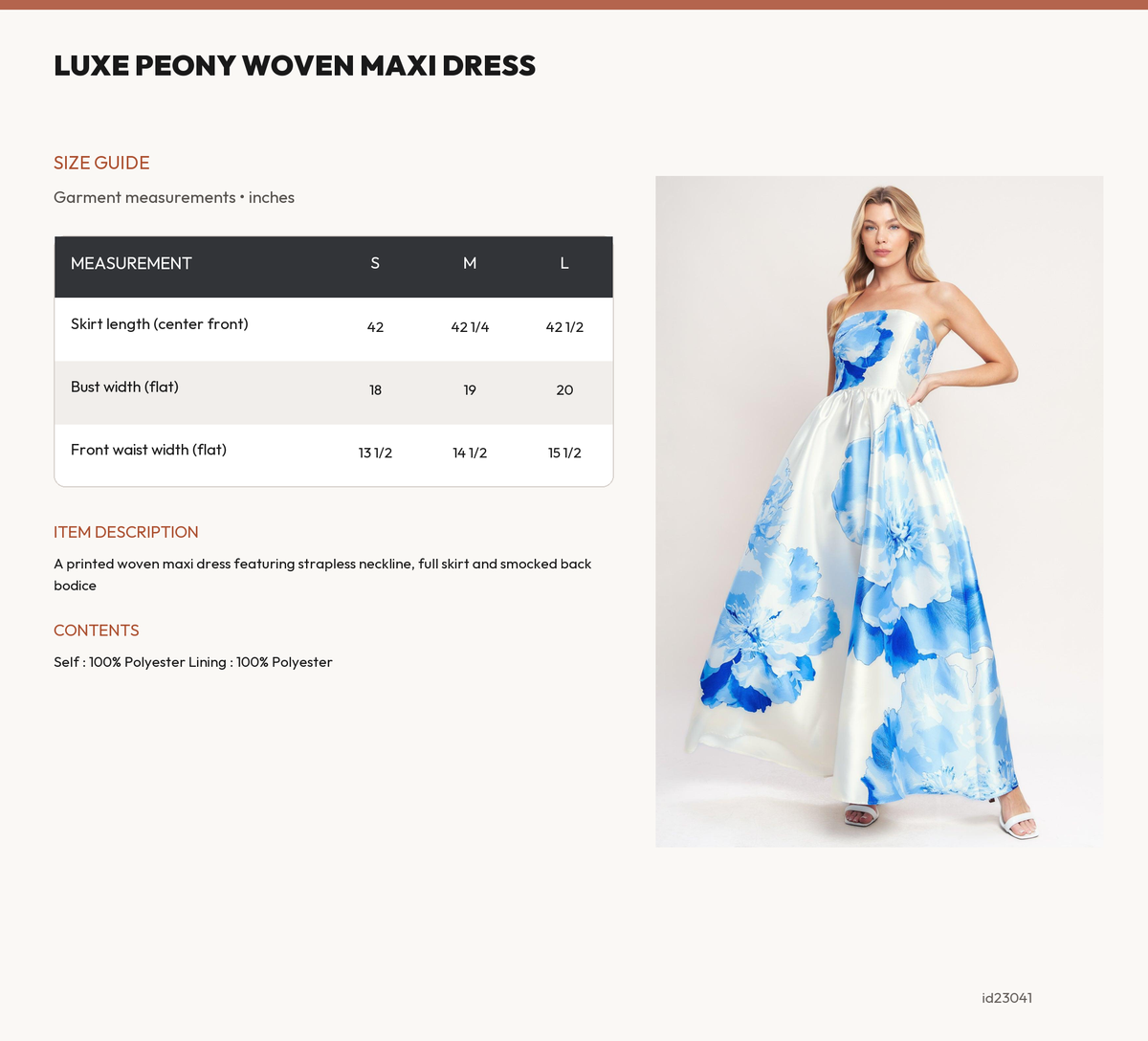 LUXE PEONY WOVEN MAXI DRESS size chart