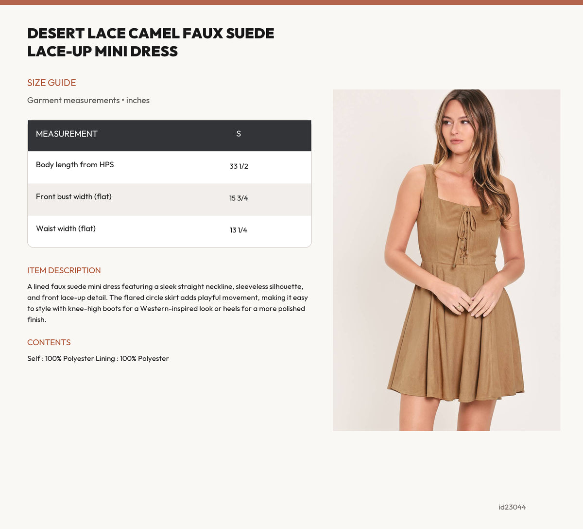 DESERT LACE CAMEL FAUX SUEDE LACE-UP MINI DRESS size chart