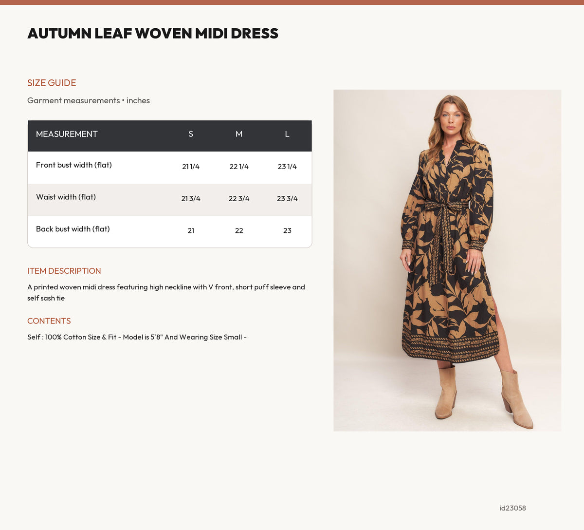 AUTUMN LEAF WOVEN MIDI DRESS size chart