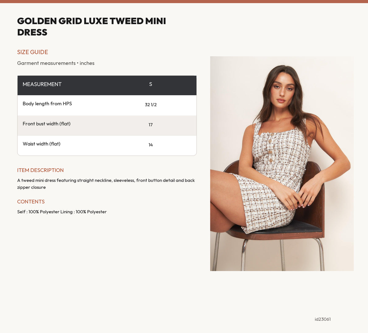 GOLDEN GRID LUXE TWEED MINI DRESS size chart