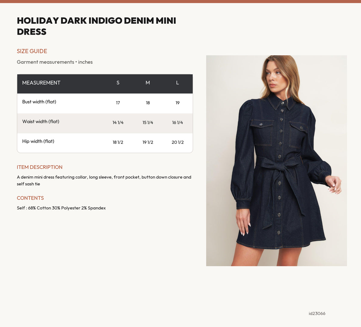HOLIDAY DARK INDIGO DENIM MINI DRESS size chart