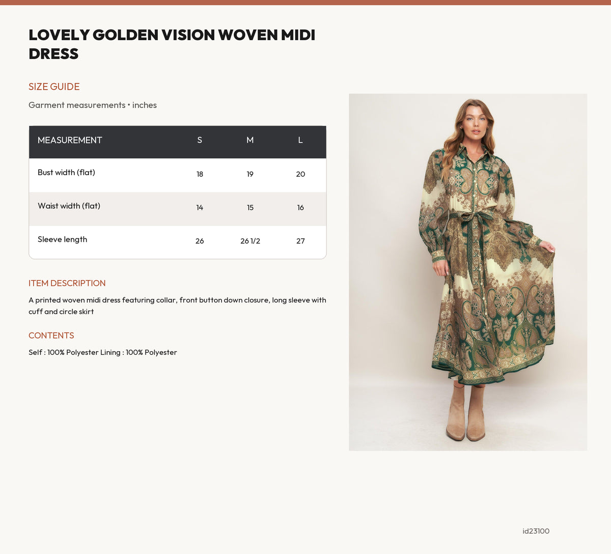 LOVELY GOLDEN VISION WOVEN MIDI DRESS size chart