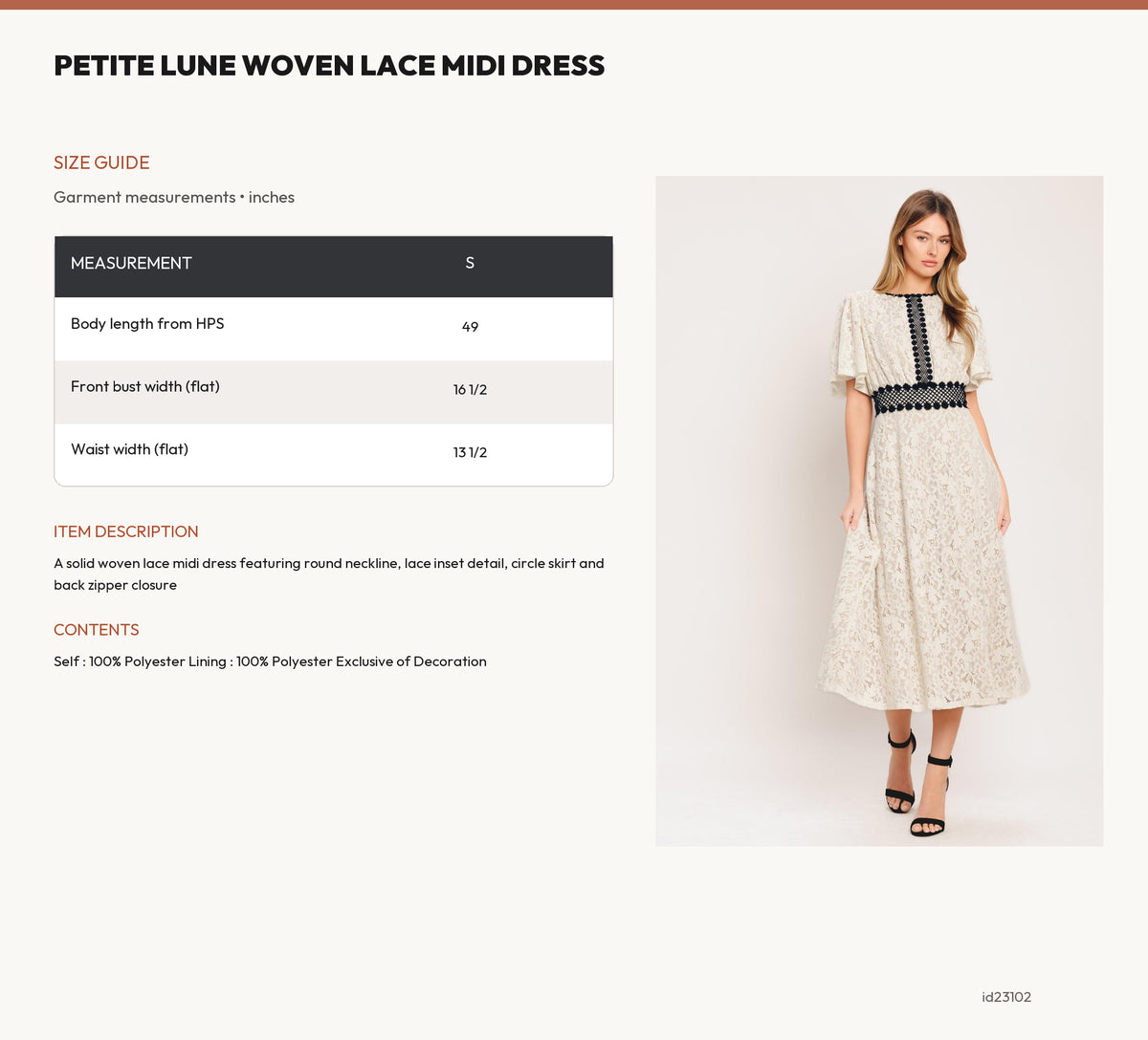 PETITE LUNE WOVEN LACE MIDI DRESS size chart