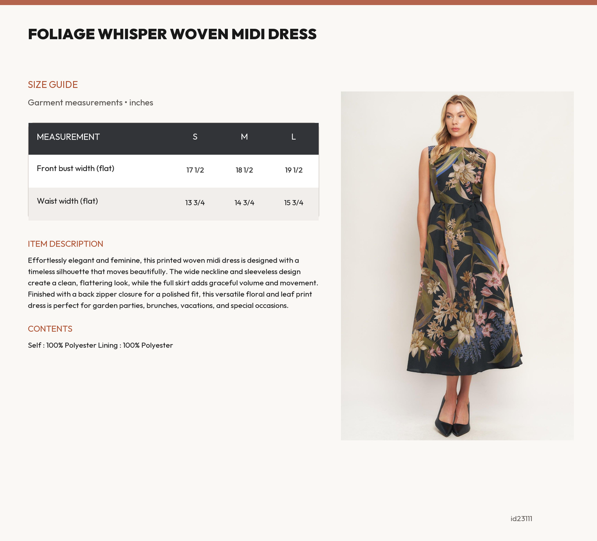 FOLIAGE WHISPER WOVEN MIDI DRESS size chart