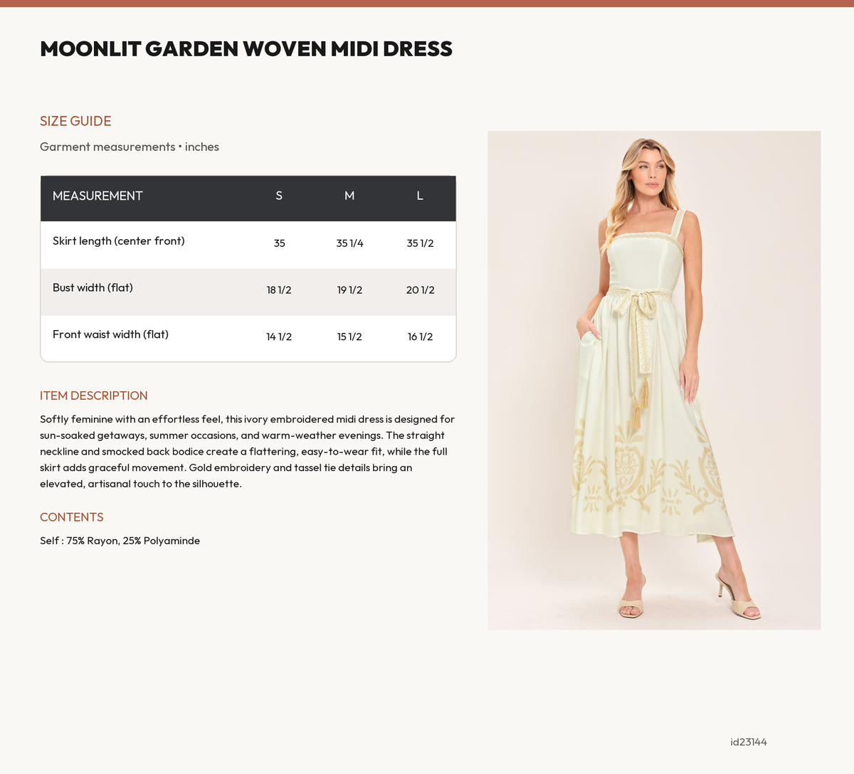 MOONLIT GARDEN WOVEN MIDI DRESS size chart