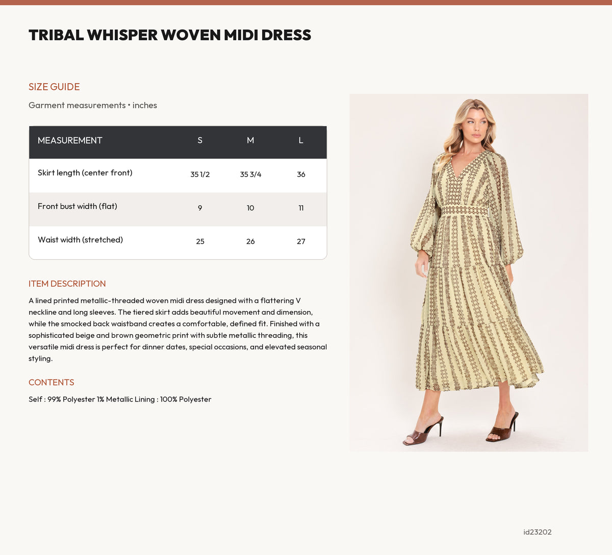 TRIBAL WHISPER WOVEN MIDI DRESS size chart