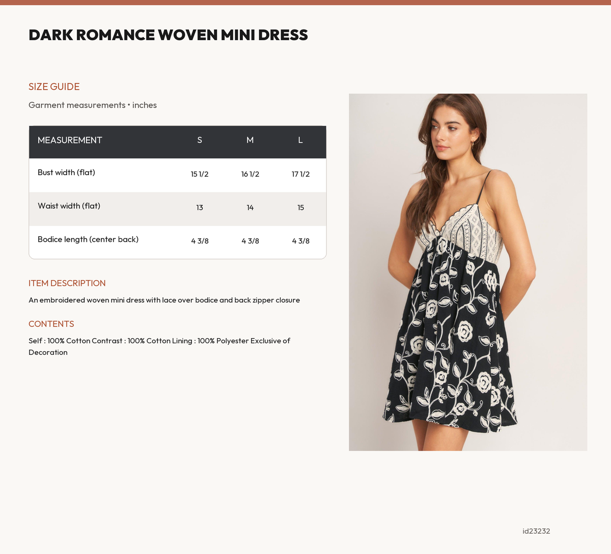 DARK ROMANCE WOVEN MINI DRESS size chart