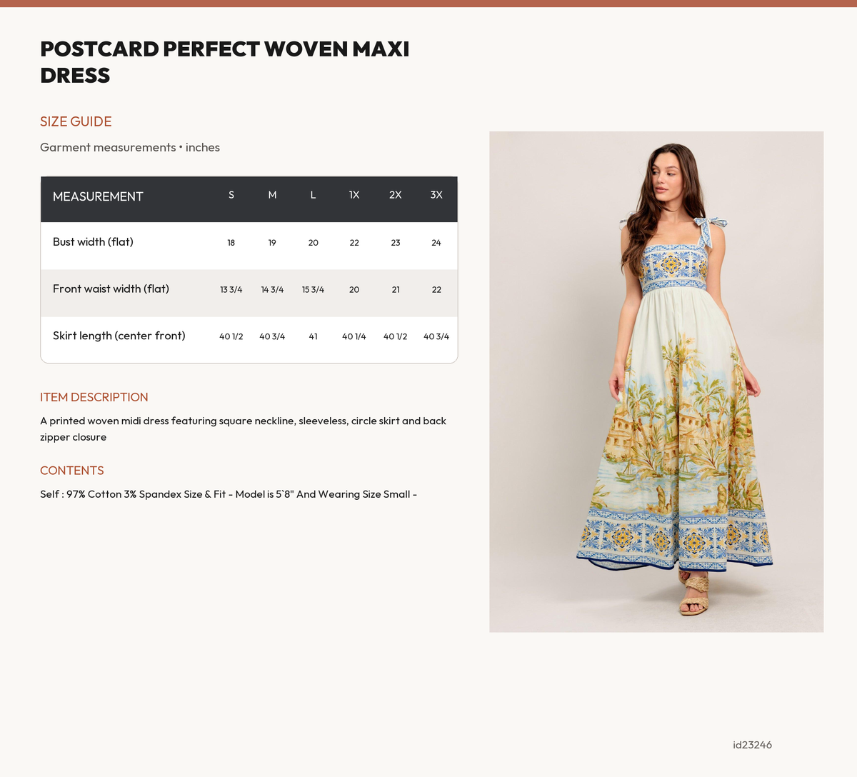 POSTCARD PERFECT WOVEN MAXI DRESS size chart