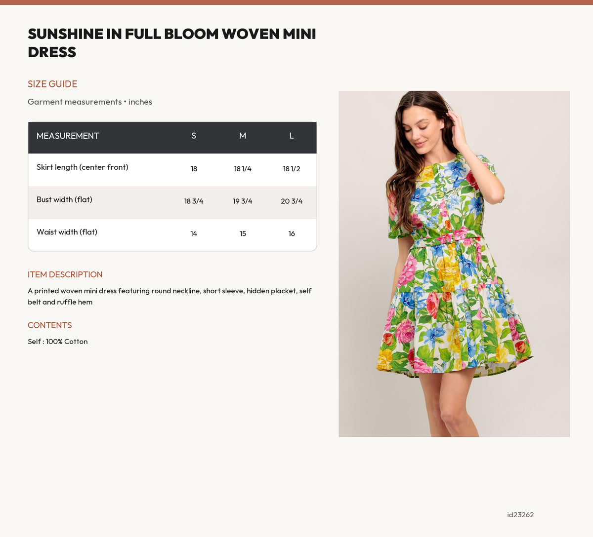 SUNSHINE IN FULL BLOOM WOVEN MINI DRESS size chart