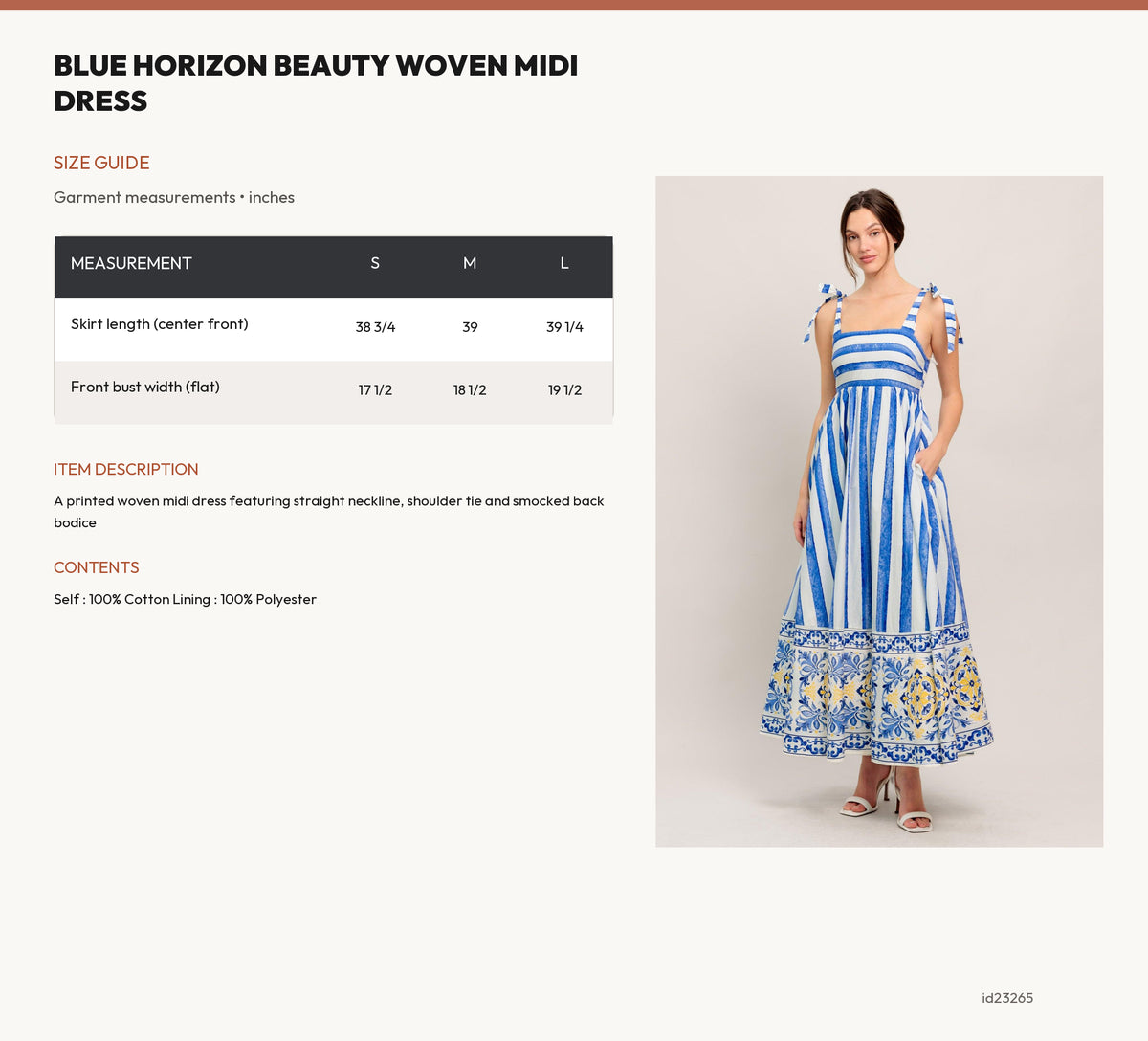 BLUE HORIZON BEAUTY WOVEN MIDI DRESS size chart