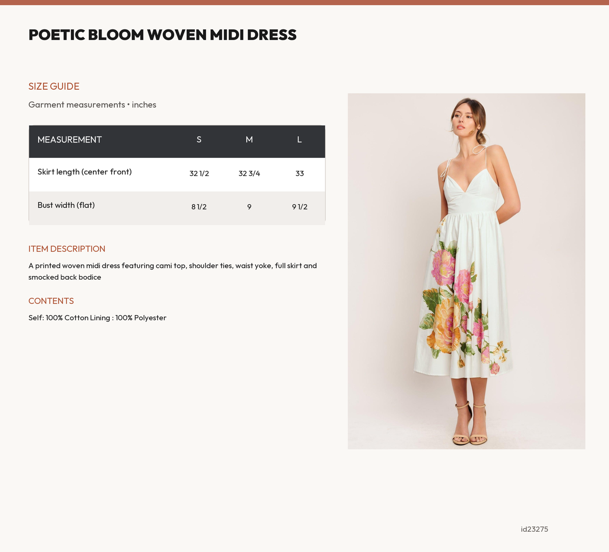POETIC BLOOM WOVEN MIDI DRESS size chart