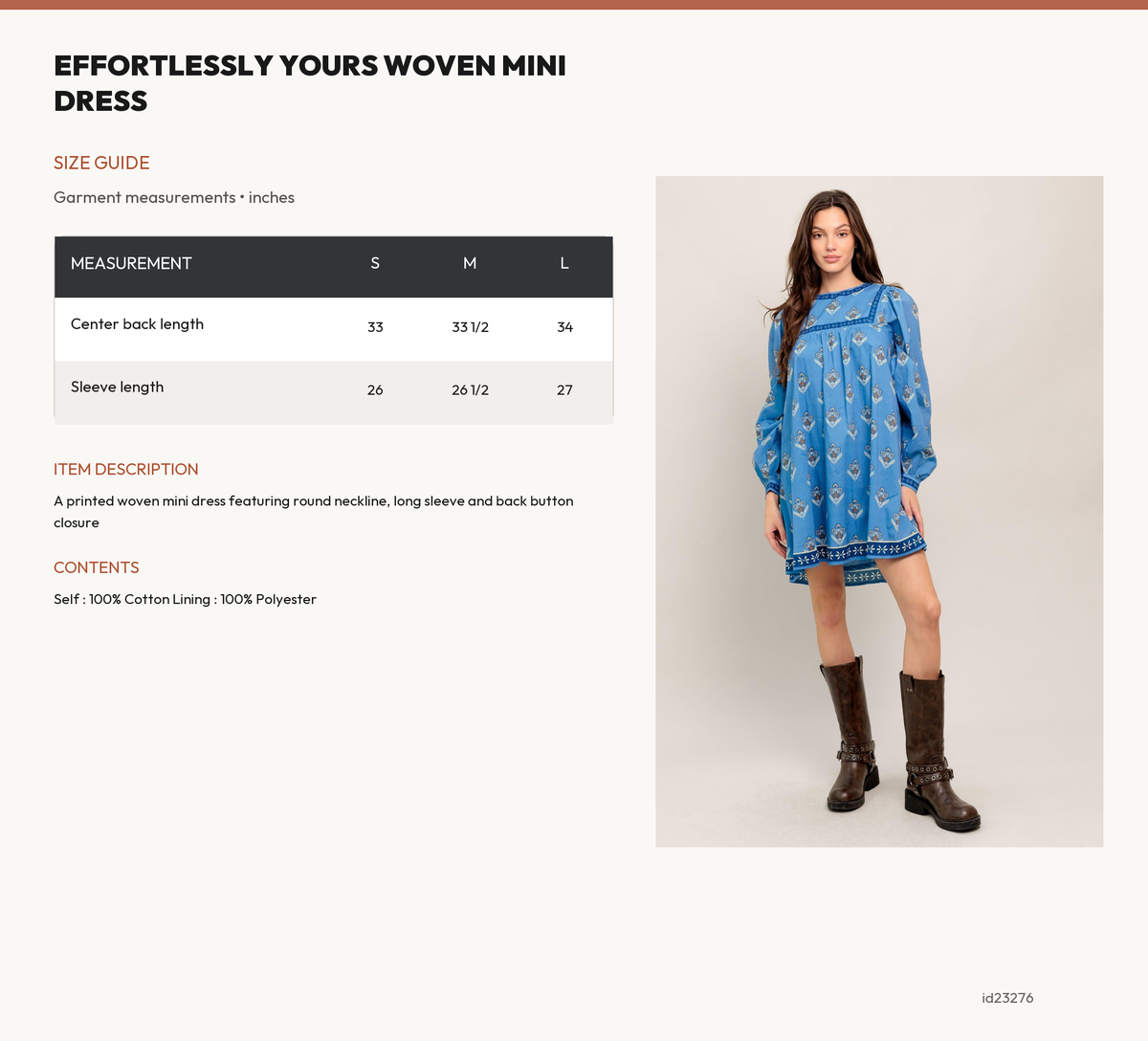 EFFORTLESSLY YOURS WOVEN MINI DRESS size chart