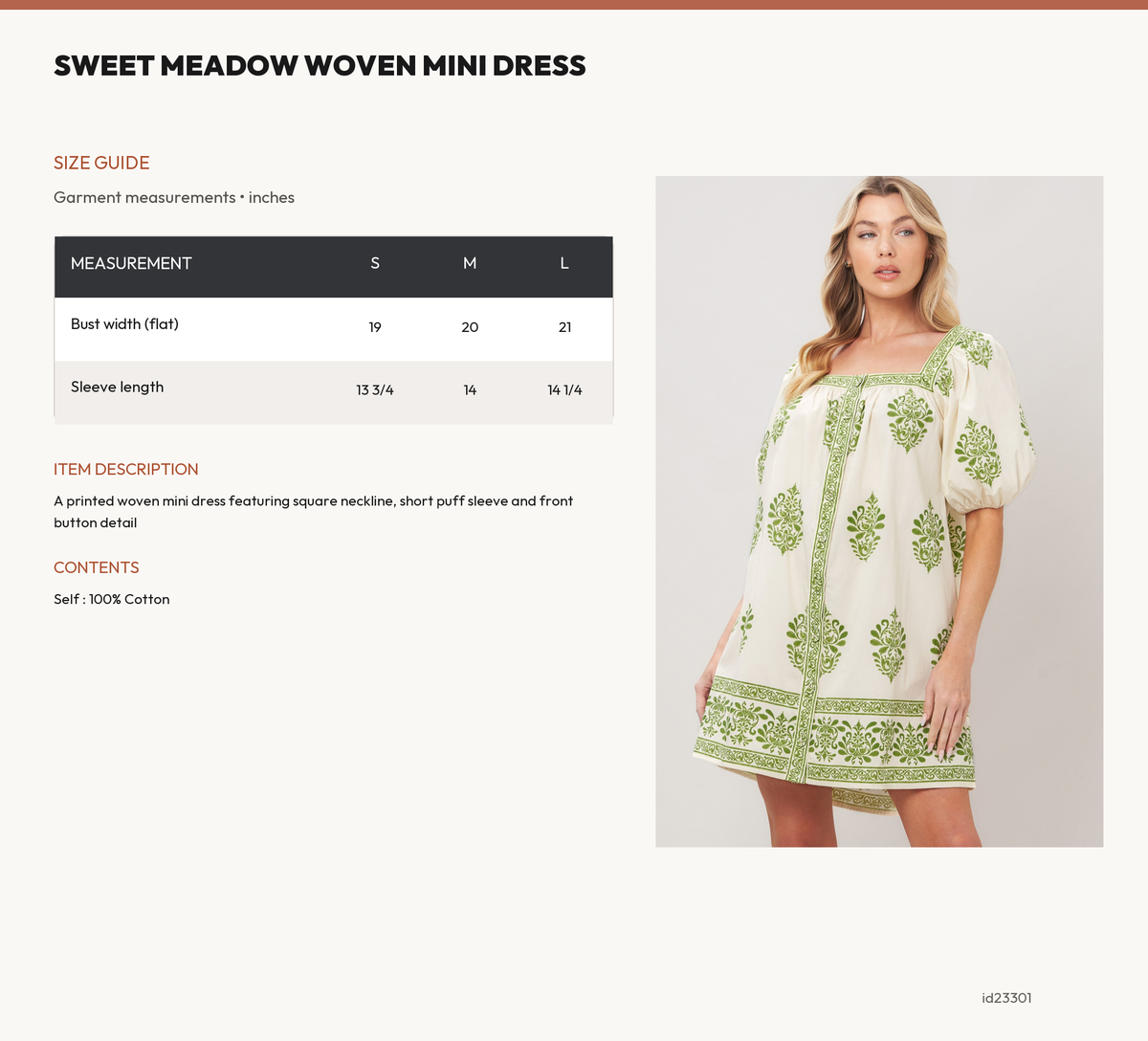 SWEET MEADOW WOVEN MINI DRESS size chart