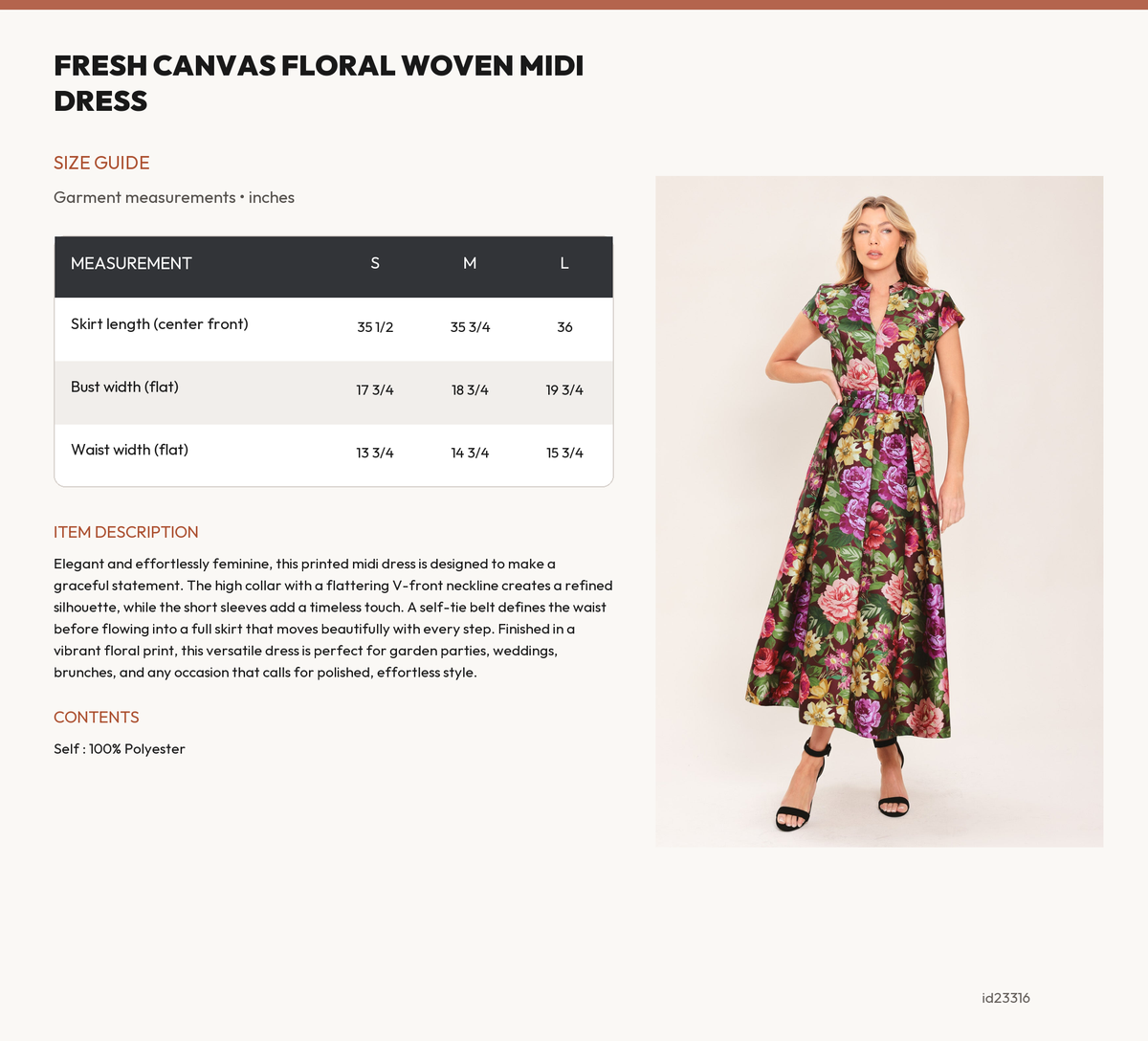 FRESH CANVAS FLORAL WOVEN MIDI DRESS size chart
