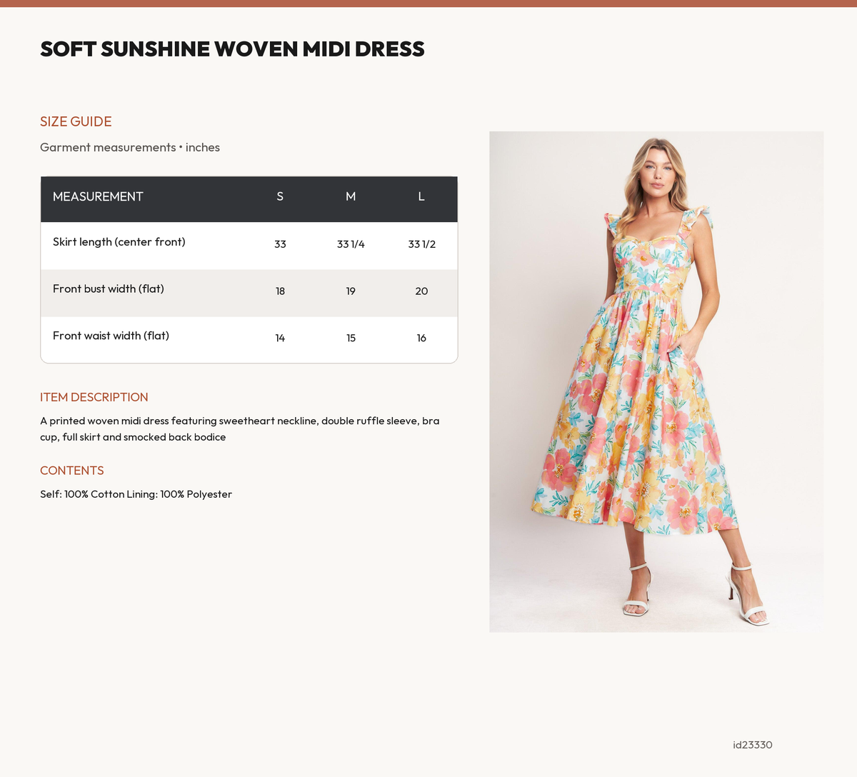 SOFT SUNSHINE WOVEN MIDI DRESS size chart