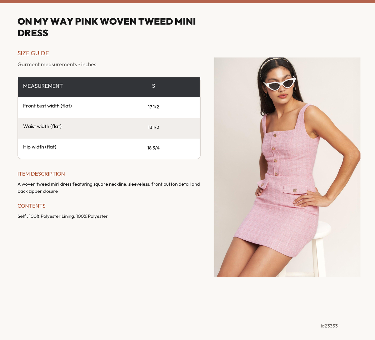ON MY WAY PINK  WOVEN TWEED MINI DRESS size chart