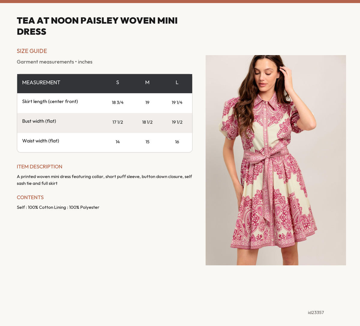 TEA AT NOON PAISLEY WOVEN MINI DRESS size chart