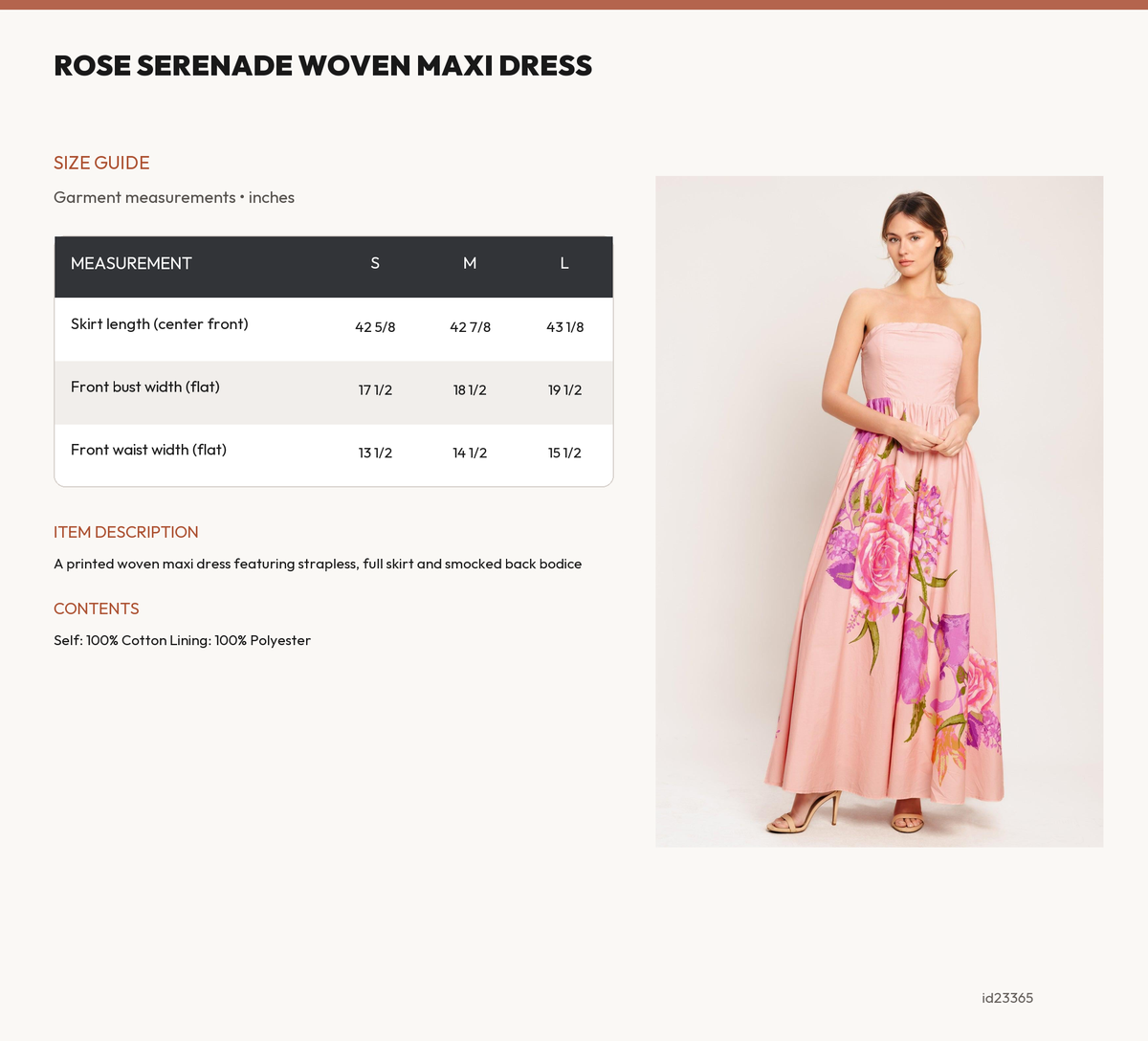 ROSE SERENADE WOVEN MAXI DRESS size chart