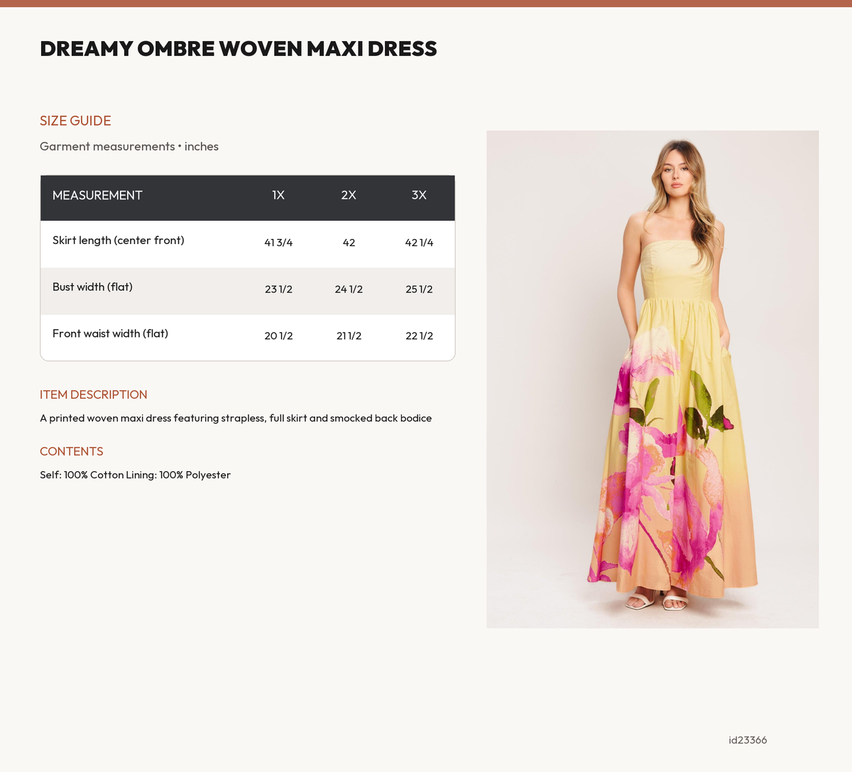 DREAMY OMBRE WOVEN MAXI DRESS size chart
