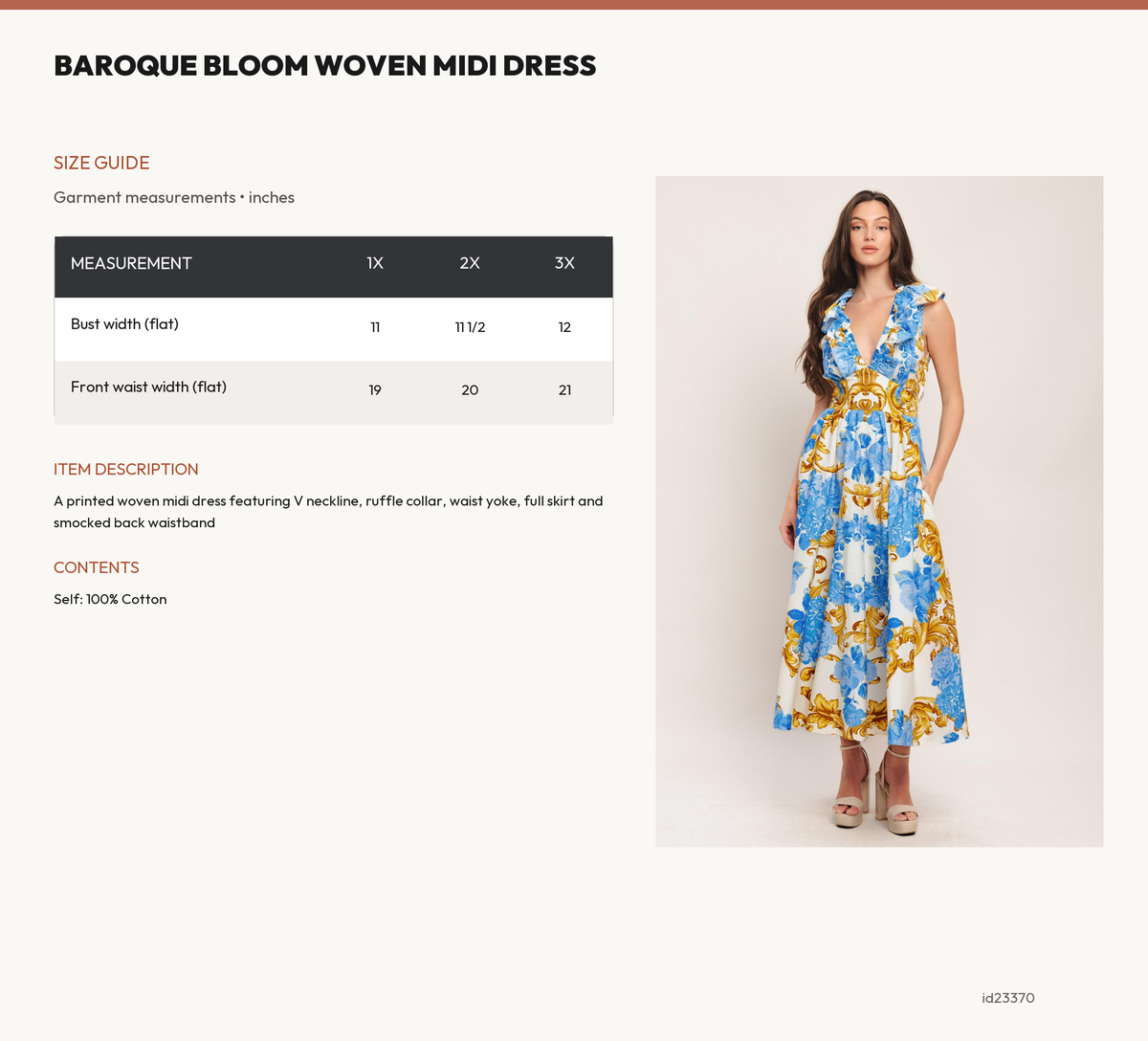 BAROQUE BLOOM WOVEN MIDI DRESS size chart