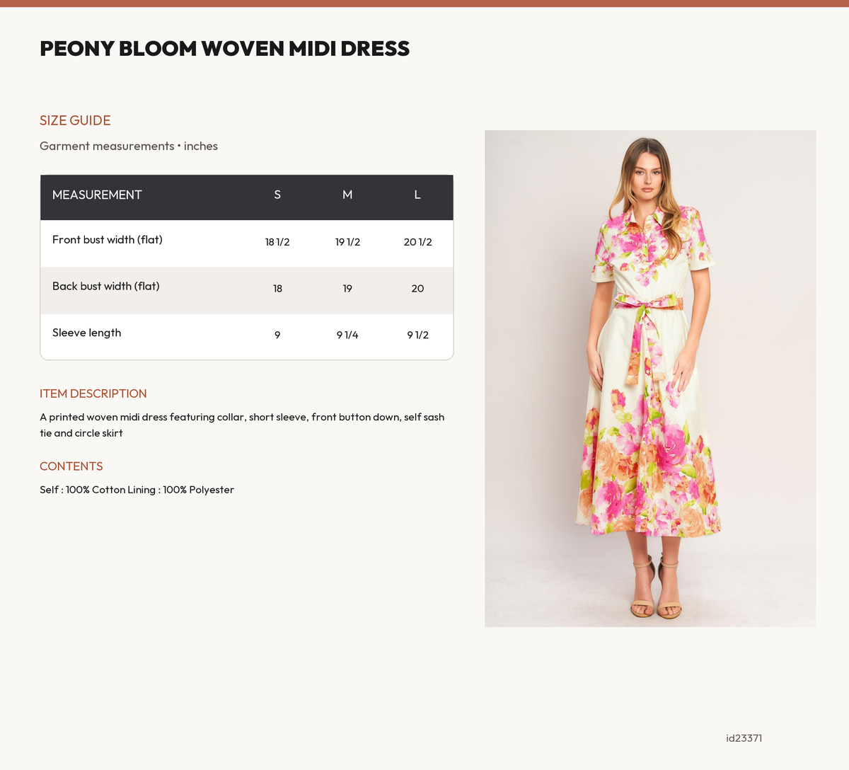 PEONY BLOOM WOVEN MIDI DRESS size chart