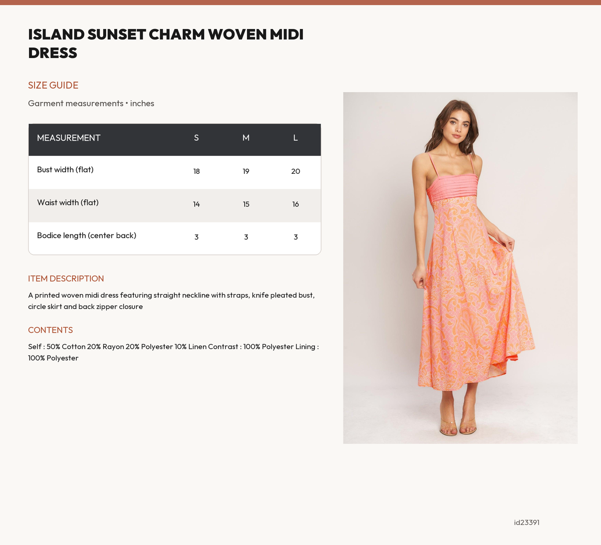 ISLAND SUNSET CHARM WOVEN MIDI DRESS size chart