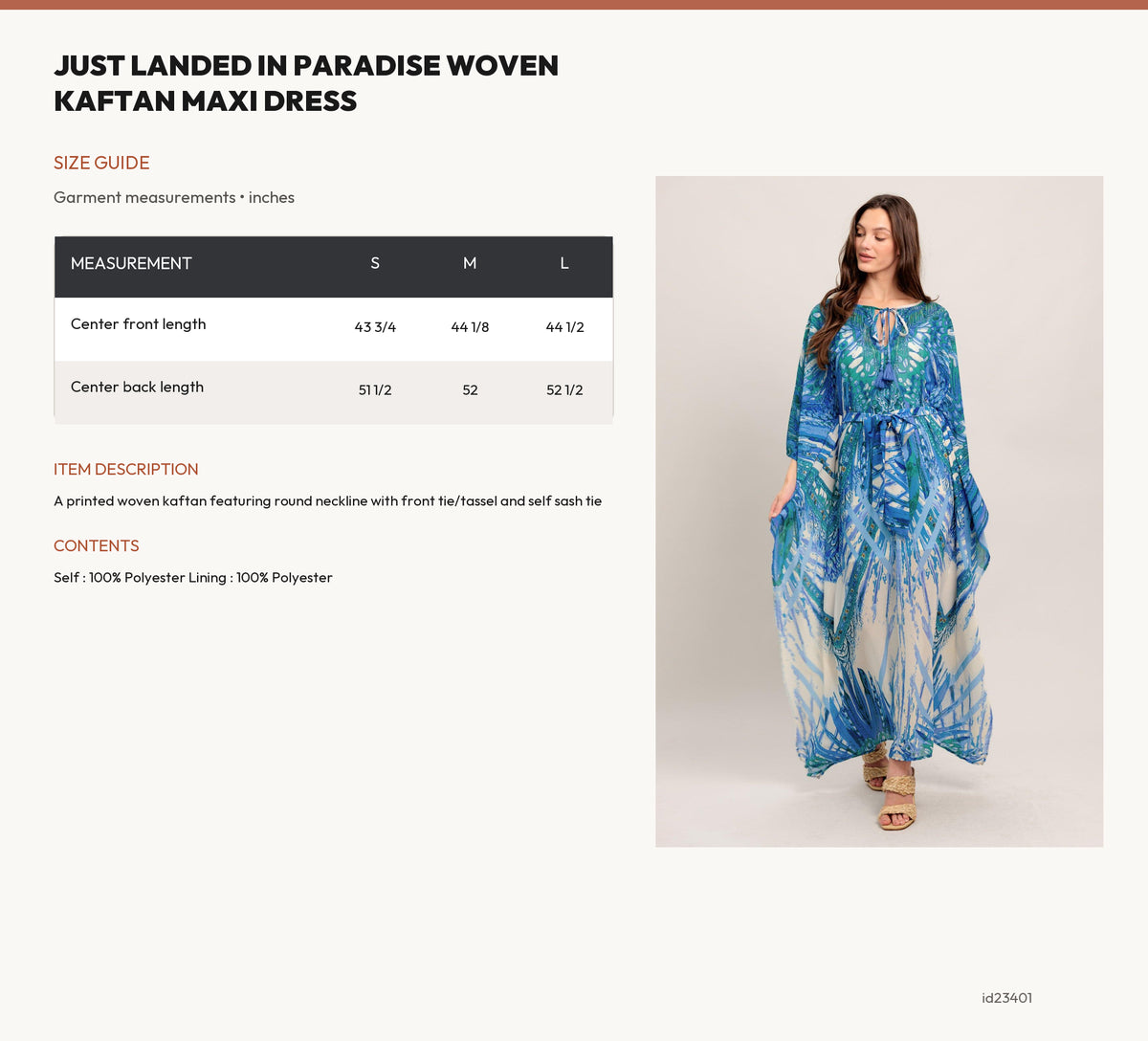 JUST LANDED IN PARADISE WOVEN KAFTAN MAXI DRESS size chart
