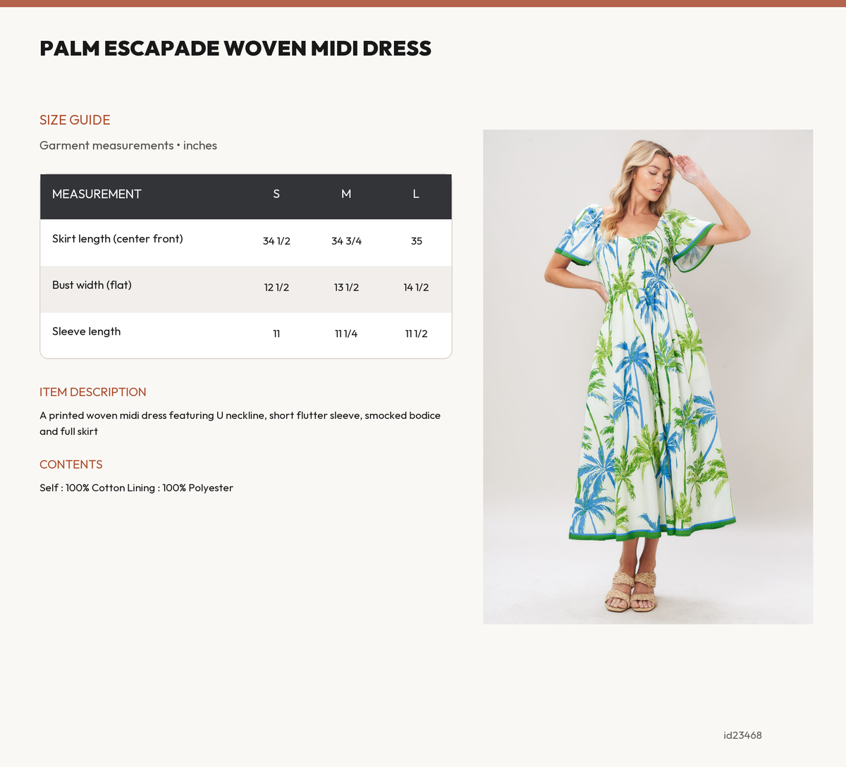 PALM ESCAPADE WOVEN MIDI DRESS size chart