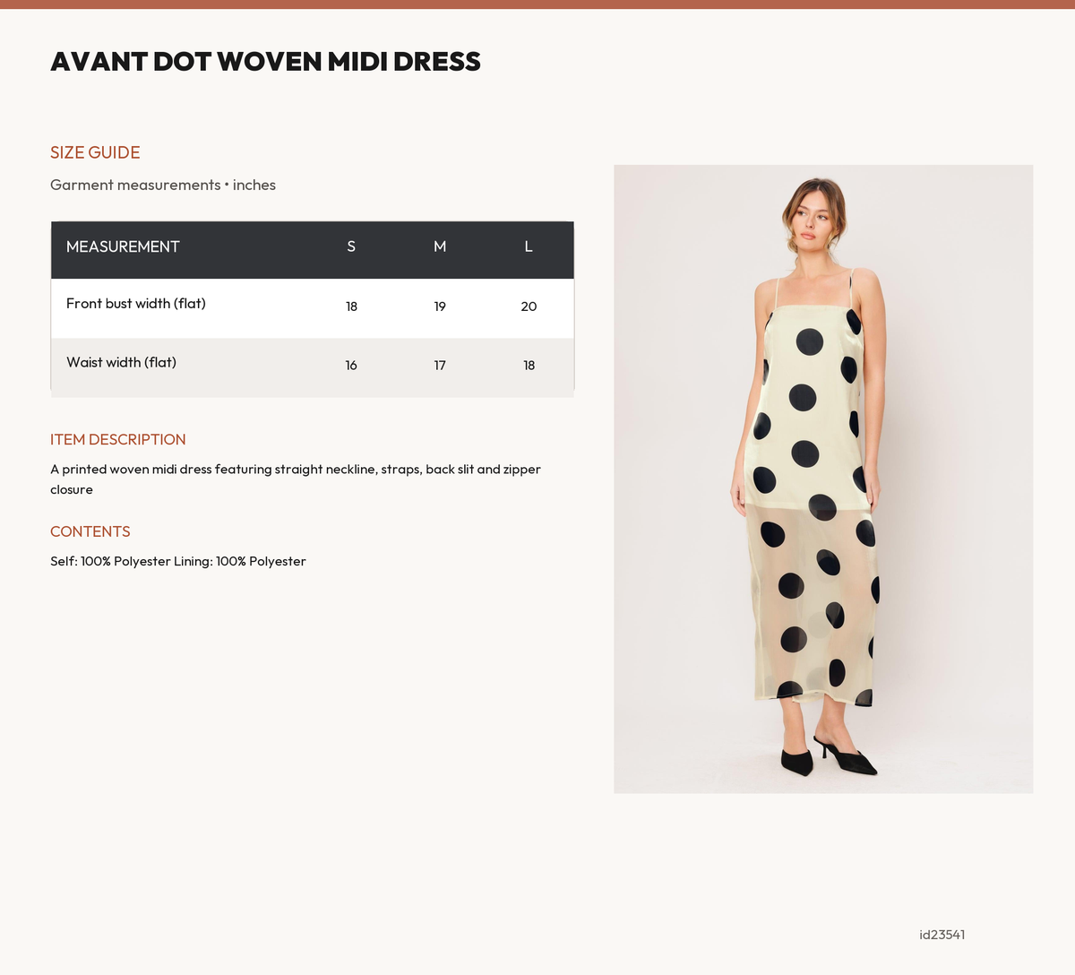 AVANT DOT WOVEN MIDI DRESS size chart