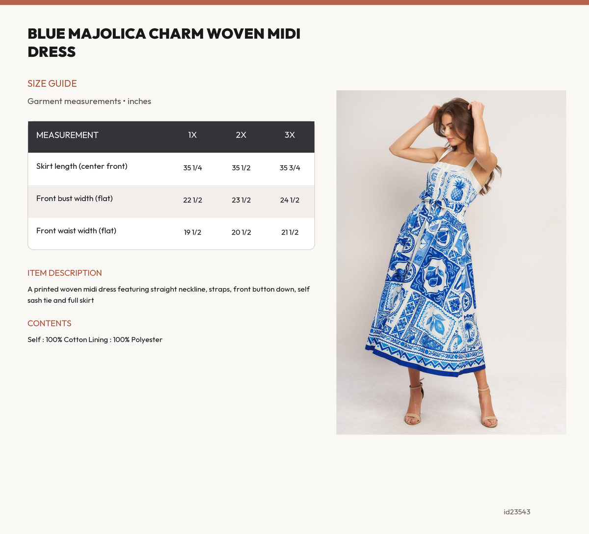 BLUE MAJOLICA CHARM WOVEN MIDI DRESS size chart