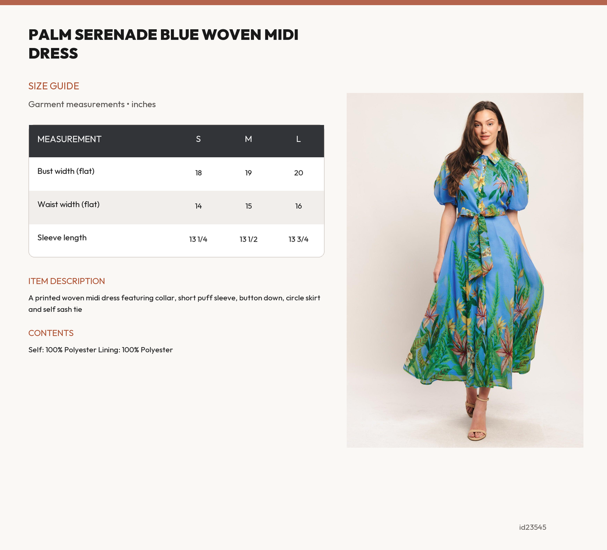 PALM SERENADE BLUE WOVEN MIDI DRESS size chart