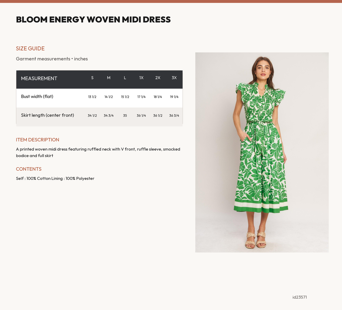 BLOOM ENERGY WOVEN MIDI DRESS size chart