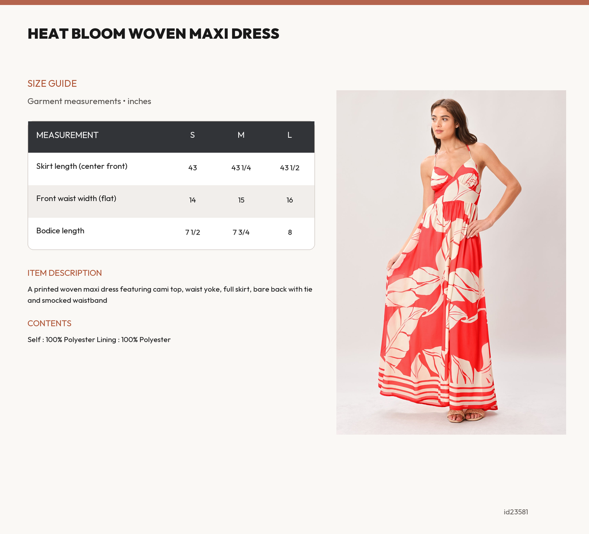 HEAT BLOOM WOVEN MAXI DRESS size chart