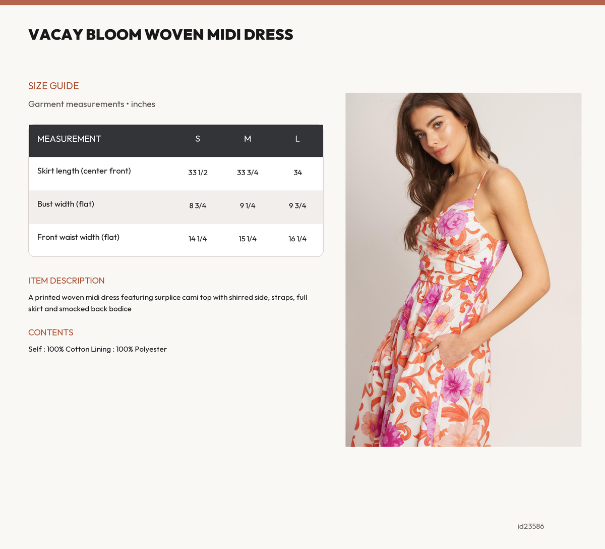 VACAY BLOOM WOVEN MIDI DRESS size chart