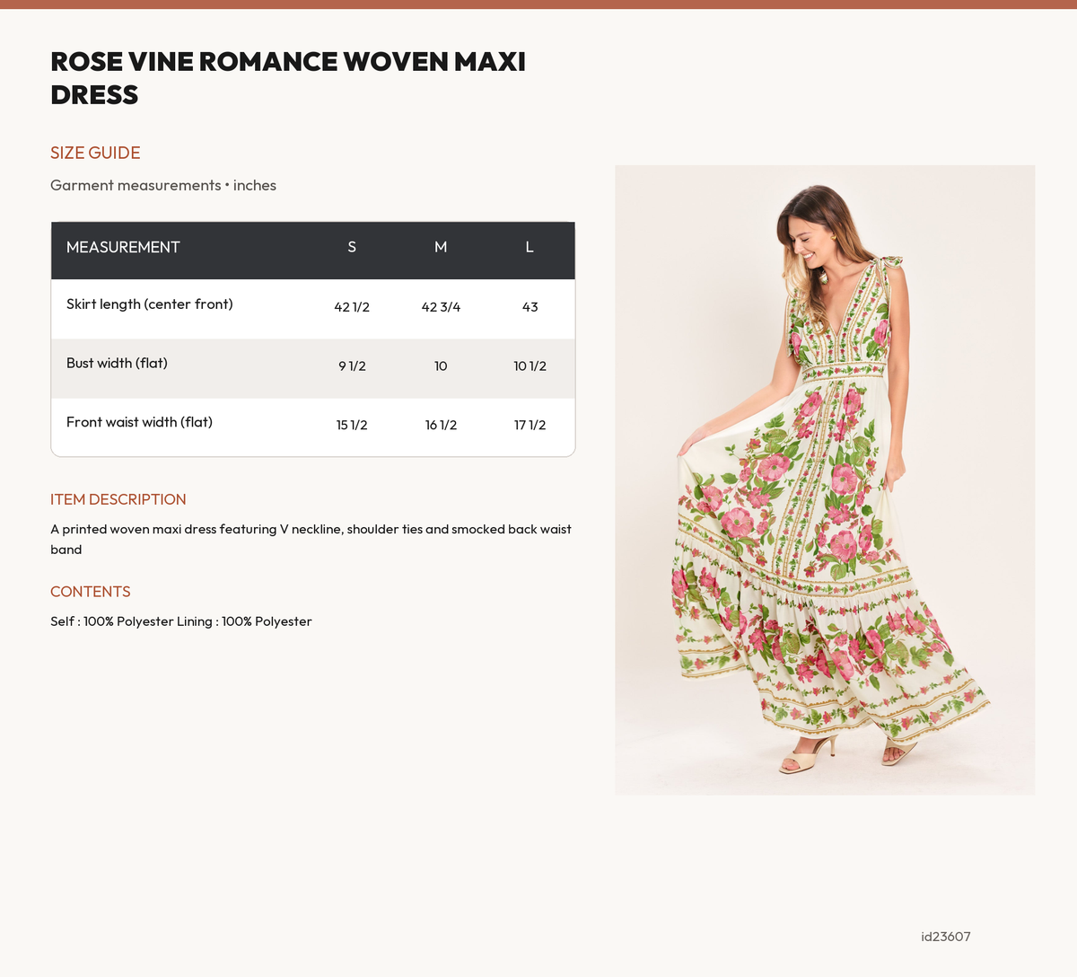 ROSE VINE ROMANCE WOVEN MAXI DRESS size chart
