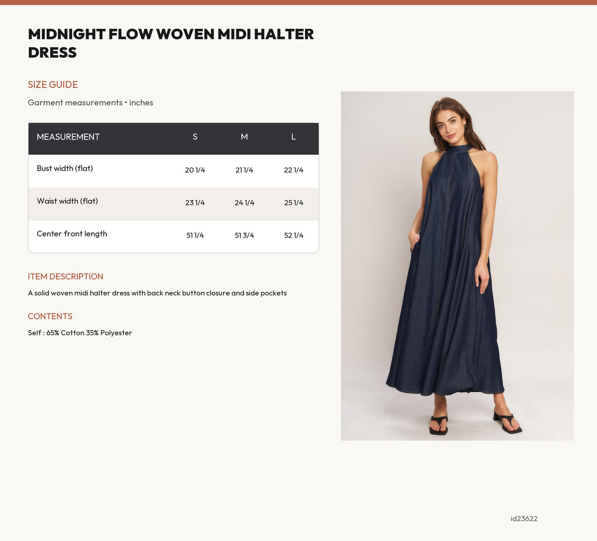 MIDNIGHT FLOW WOVEN MIDI HALTER DRESS size chart