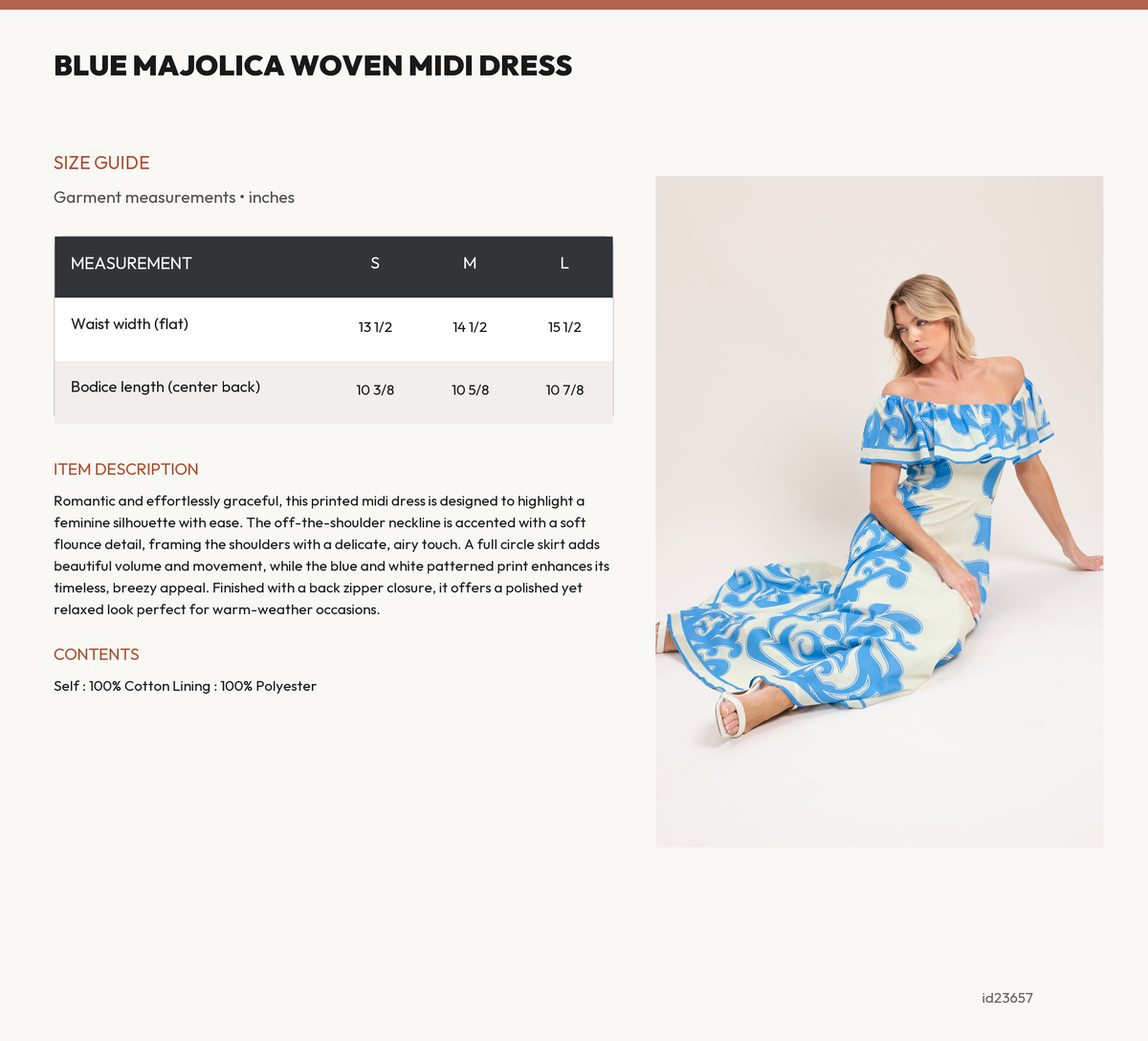 BLUE MAJOLICA WOVEN MIDI DRESS size chart