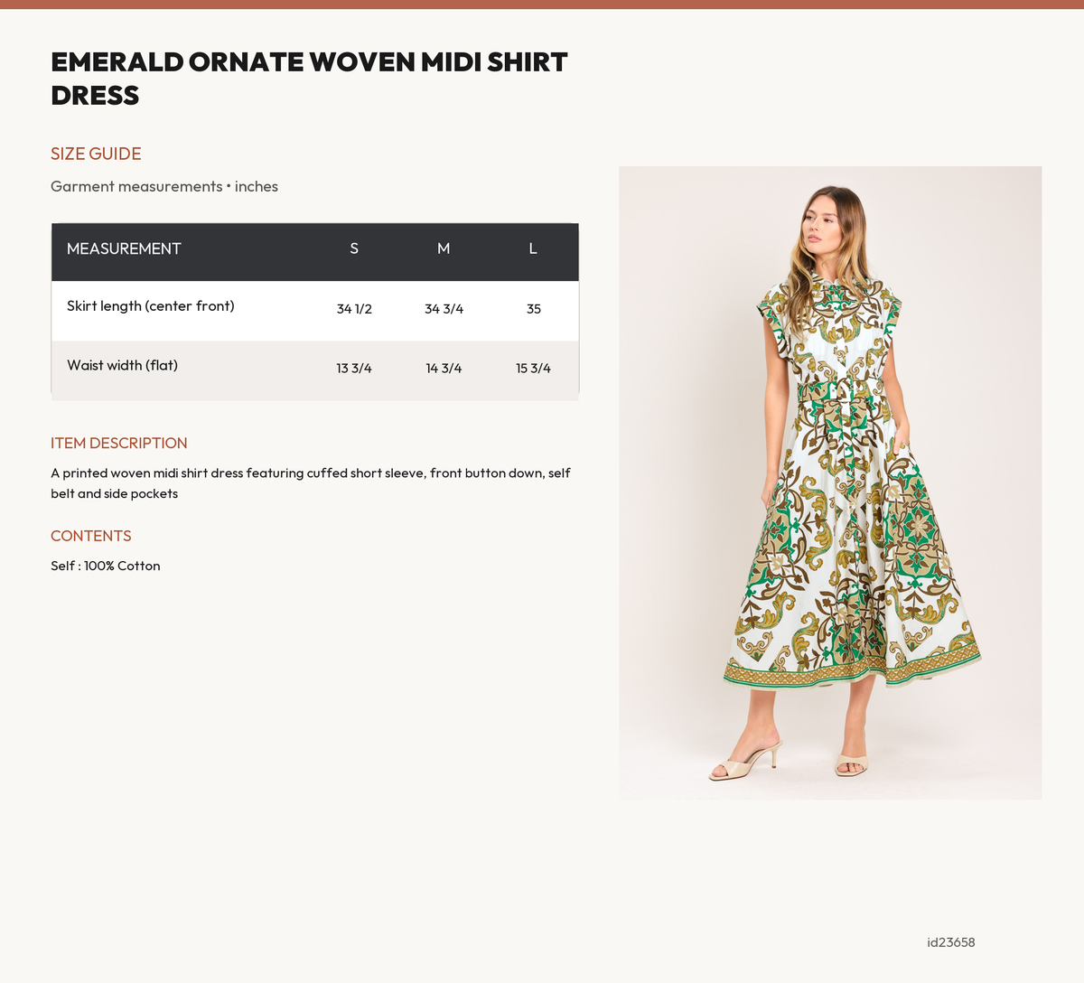 EMERALD ORNATE WOVEN MIDI SHIRT DRESS size chart