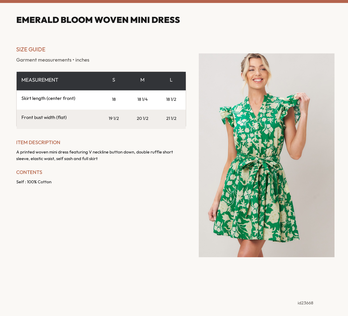 EMERALD BLOOM WOVEN MINI DRESS size chart