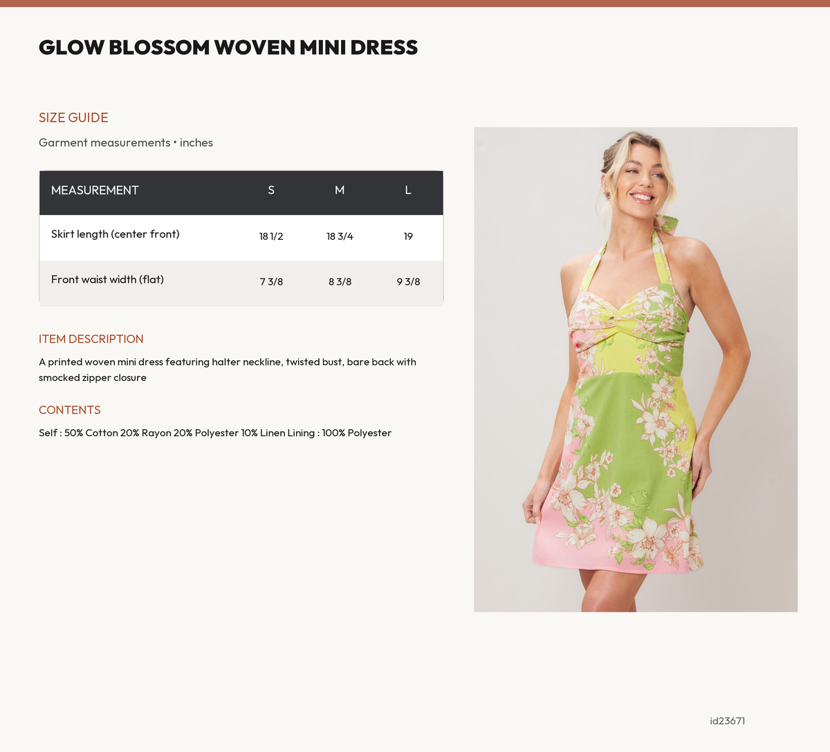 GLOW BLOSSOM WOVEN MINI DRESS size chart