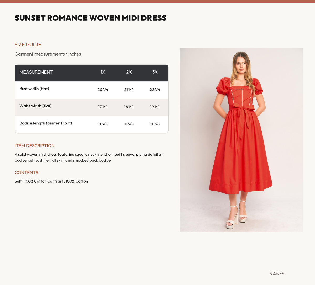 SUNSET ROMANCE WOVEN MIDI DRESS size chart